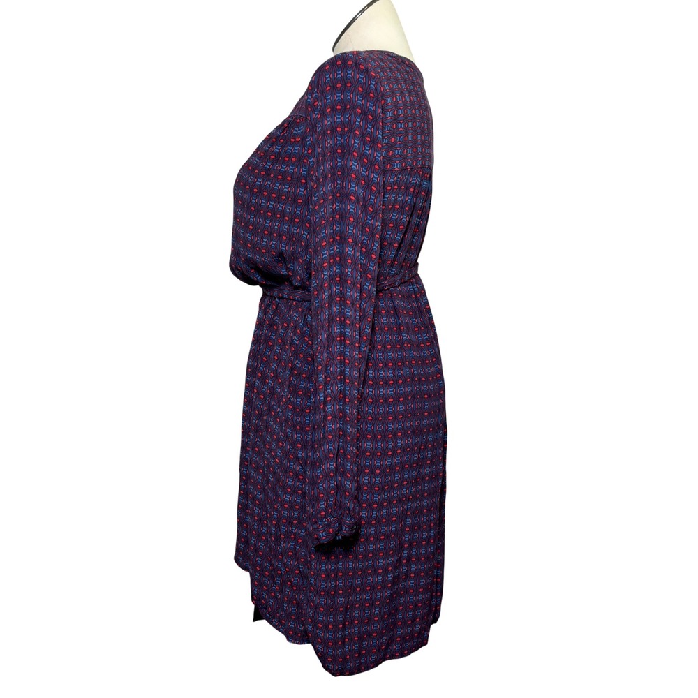 Gap Womens Large Blue Red Geometric Print Long Sleeve Rayon Belted Shirt Dress - Picture 2 of 6